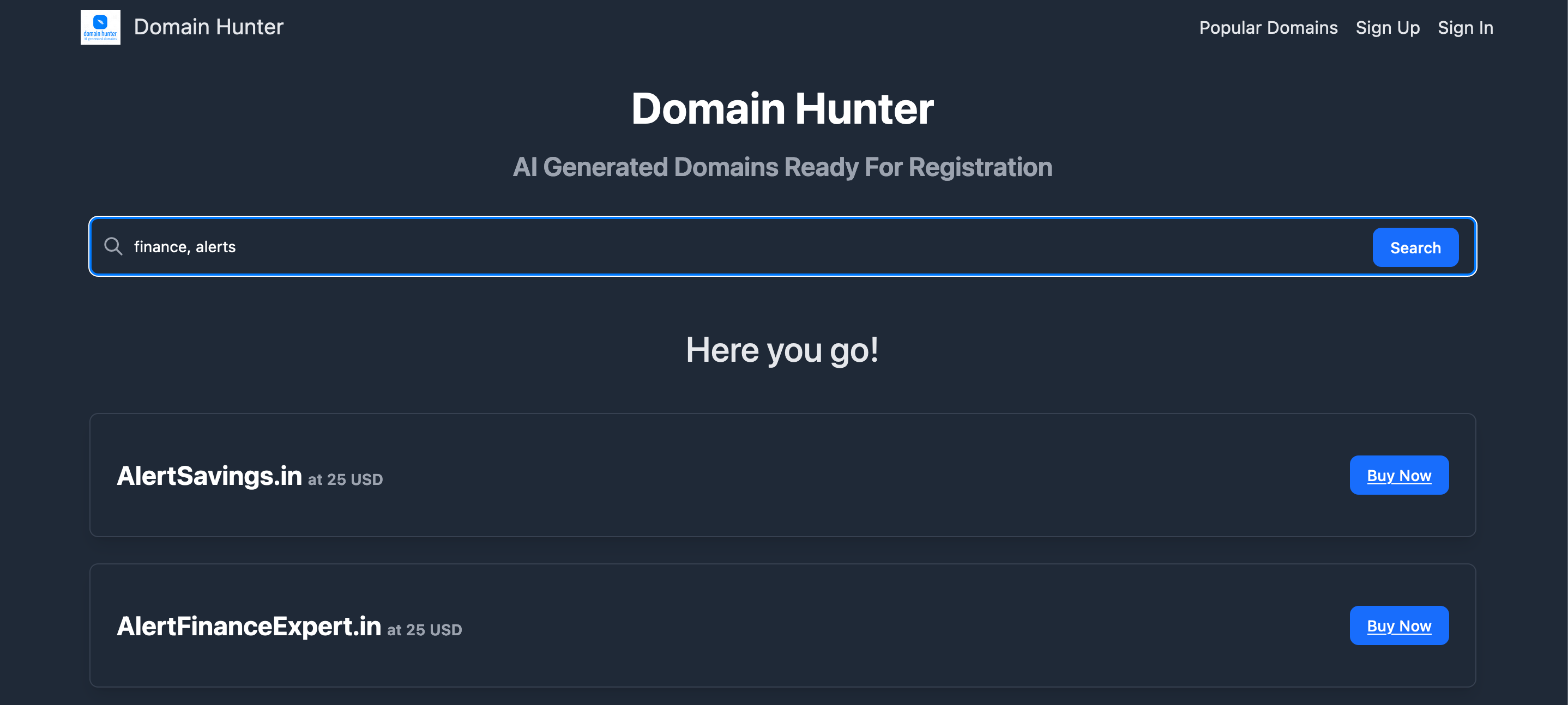 An image showing domain hunter homepage