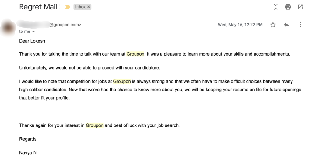rejection email from groupon