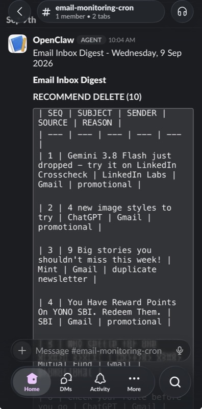 OpenClaw email monitoring cron example showing inbox parsing and filtering