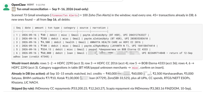 OpenClaw personal finance automation showing transaction email parsing